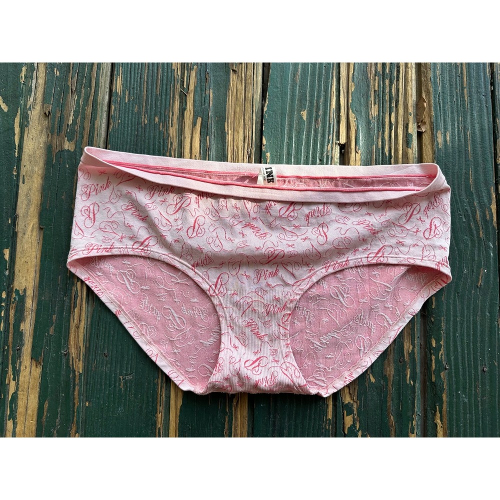 Victorias Secret PINK Hipster Panties Pink Script Logo Bow Print Ribbed Large